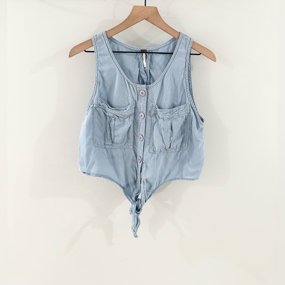 Free People Highway Cruisin Button Front Chambray Top Size Small - Picture 2 of 6